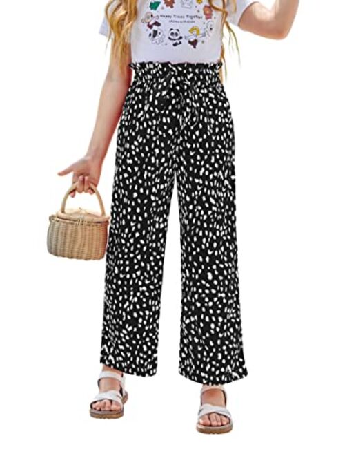 SySea Girls Wide Leg Pants Kids Cute Print High Waisted Loose Fit Comfy Belted Lounge Trouslers with Pockets