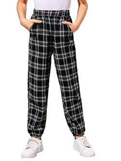 Girl's Casual Elastic High Waisted Plaid Pants with Pockets