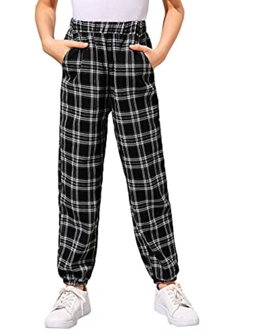 SOLY HUX Girl's Casual Elastic High Waisted Plaid Pants with Pockets