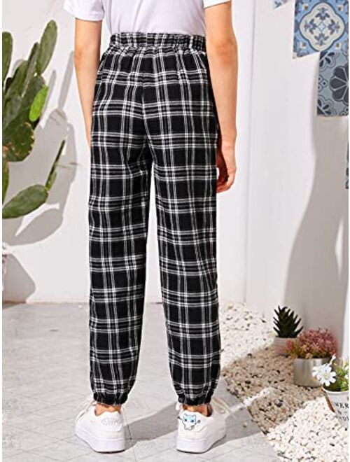 SOLY HUX Girl's Casual Elastic High Waisted Plaid Pants with Pockets