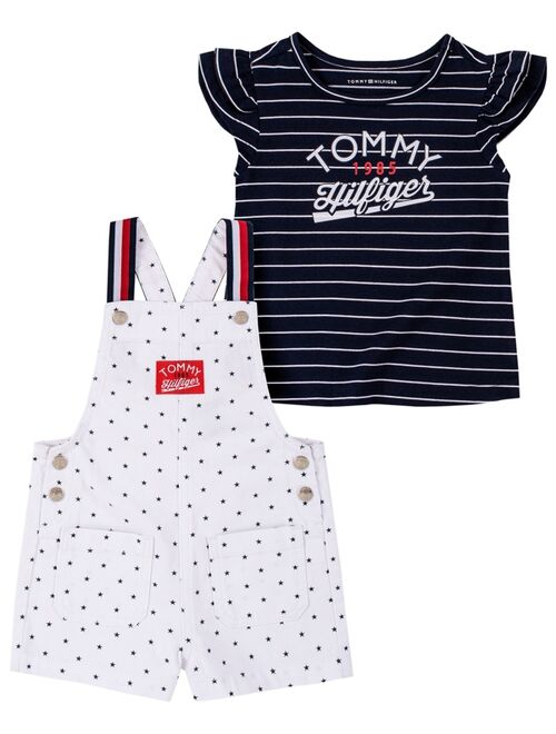Tommy Hilfiger Little Girls Stars and Stripes Signature T-shirt and Shortalls, 2 Piece Set