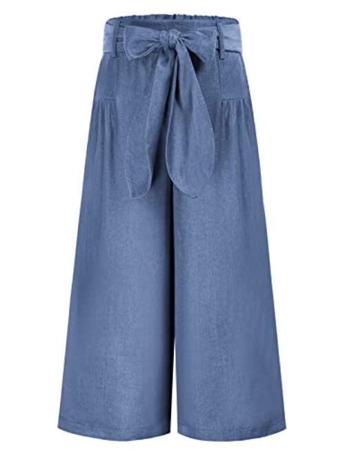 Danna Belle Girls Wide Leg Palazzo Pants Denim Jeans Paperbag Waist Belted Pant with Pockets