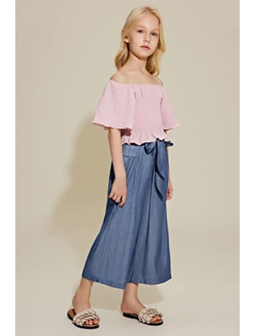 Danna Belle Girls Wide Leg Palazzo Pants Denim Jeans Paperbag Waist Belted Pant with Pockets