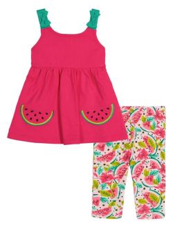 Little Girls Fit-and- Flare Melon Tunic and Print Capri Leggings, 2 Piece Set