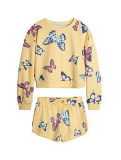Big Girls Butterfly All Over Print Terry Sweatshirt with Knit Shorts, 2 Piece Set