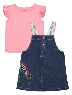 Little Girls Flutter T-shirt and Embroidered Denim Skirtalls, 2 Piece Set