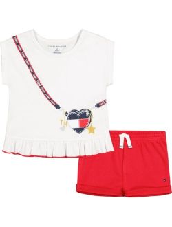 Little Girls Cross Body Logo Print Top and Rolled Cuff Shorts Set, 2 Piece