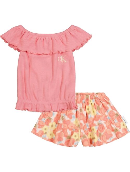 Calvin Klein Toddler Girls Elastic-Edged Flutter Top and Floral Skirt Set, 2 Piece