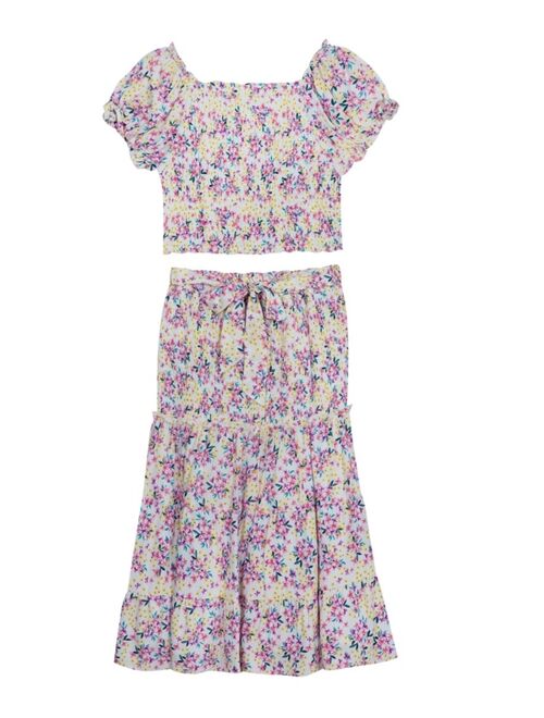 RARE EDITIONS Big Girls Floral Printed Challis Smocked Top with Smocked Waisted Maxi Skirt, 2 Piece Set