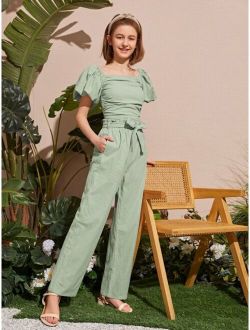 Teen Girls Puff Sleeve Shirred Back Ruched Top & Paperbag Waist Belted Pants Set