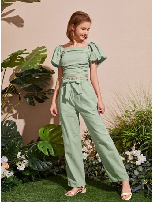 SHEIN Teen Girls Puff Sleeve Shirred Back Ruched Top & Paperbag Waist Belted Pants Set