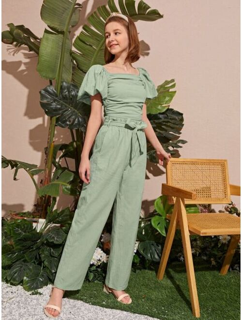 SHEIN Teen Girls Puff Sleeve Shirred Back Ruched Top & Paperbag Waist Belted Pants Set