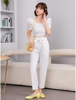Teen Girls Contrast Lace Crop Top & Paper Bag Waist Belted Pants