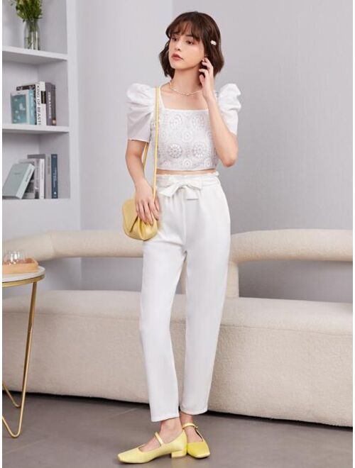 SHEIN Teen Girls Contrast Lace Crop Top & Paper Bag Waist Belted Pants