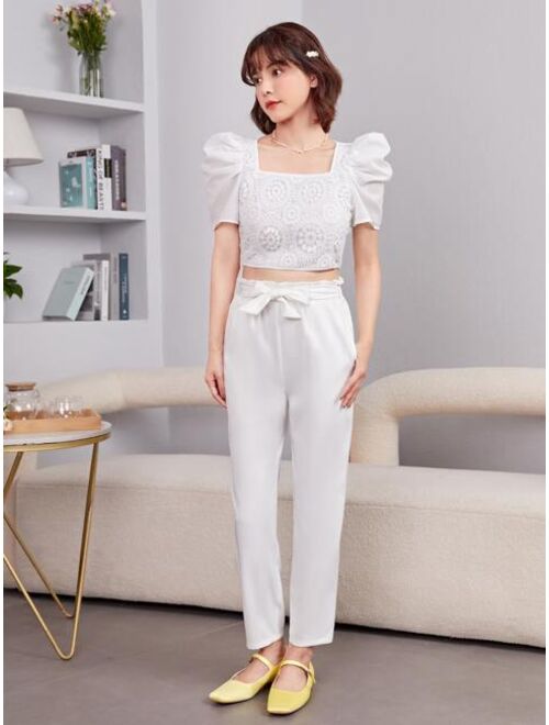 SHEIN Teen Girls Contrast Lace Crop Top & Paper Bag Waist Belted Pants