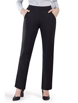 Bamans Womens Dress Pants Straight Leg Pull-On Business Casual Stretch Pants with Slant Pockets