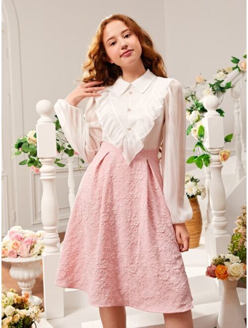 SHEIN Teen Girls Ruffle Trim Bishop Sleeve Blouse & Floral Jacquard Skirt