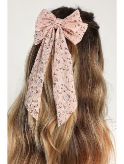 Bow and Tell Pink Floral Print Plisse Bow Hair Clip