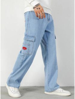 Men Embroidery Flap Pockets Cargo Jeans