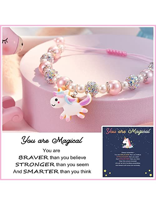 HGDEER Unicorns Gifts for Girls, Pink Pearl and Rhinestone Balls Adjustable Bracelets