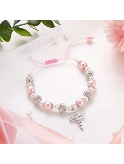 Jeka Rhinestone Ball Bracelets for Girls Flower Girls, Pink Pearl Heart/Heart Charm Bracelets Back to School Jewelry Gifts Baptism Gifts for Girls Flower Girls