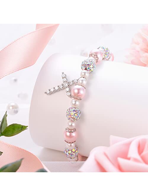 Jeka Rhinestone Ball Bracelets for Girls Flower Girls, Pink Pearl Heart/Heart Charm Bracelets Back to School Jewelry Gifts Baptism Gifts for Girls Flower Girls