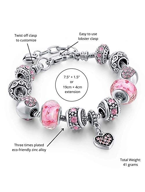 Capital Charms Pink Hearts Silver Plated Charm Bracelets for Women and Teen Girls, Jewelry Gifts Set with Beads and Snake Chain Extender, Adjustable Bracelet Fit 7.5"+1.5