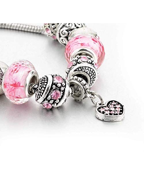 Capital Charms Pink Hearts Silver Plated Charm Bracelets for Women and Teen Girls, Jewelry Gifts Set with Beads and Snake Chain Extender, Adjustable Bracelet Fit 7.5"+1.5