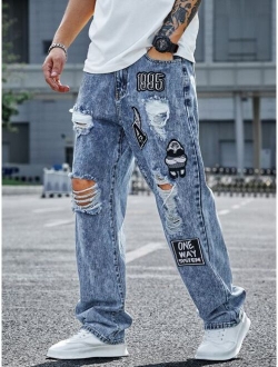 Men Cartoon Letter Patched Ripped Jeans
