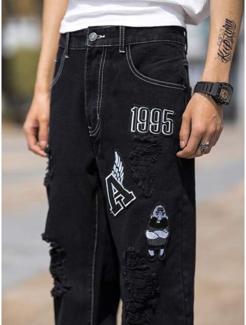 Shein Men Cartoon Letter Patched Ripped Jeans