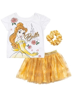 Princess Rapunzel Belle Cinderella Girls 3 Piece Outfit Set: Graphic T-Shirt Mesh Skirt Scrunchie Toddler to Big Kid