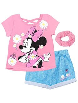 Minnie Mouse Girls 3 Piece Outfit Set: Crossover Tank Top French Terry Shorts Scrunchie Infant to Big Kid
