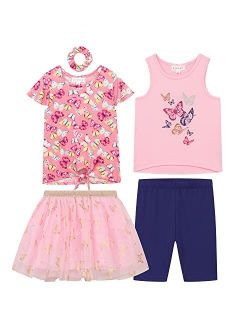 BTween Girls 4 Pack Floral Fashion Summer Clothes Set - Tutu Skirt Tank Top Short Sleeve and Biker Shorts with Hair Scrunchie
