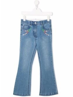 Kids floral-embroidered flared jeans