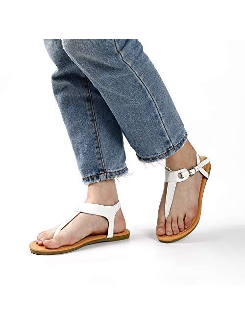 Trary Thong Sandals with T-Strap Open Toe Ankle Buckle Flat Sandal for Women