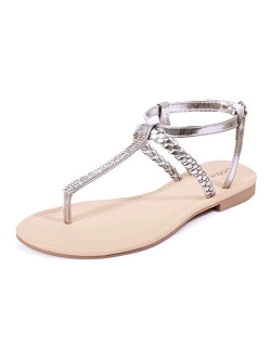 HARVEST LAND Womens T Strap Sandals Fashion Rhinestone Flat Sandal with Ankle Strap for Ladies Summers Dress Sandals Casual Woman Flip Flops Beach