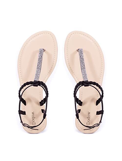 HARVEST LAND Womens T Strap Sandals Fashion Rhinestone Flat Sandal with Ankle Strap for Ladies Summers Dress Sandals Casual Woman Flip Flops Beach