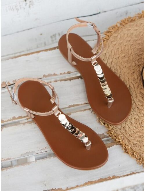 Shein Metal Decor Toe Post Thong Sandals