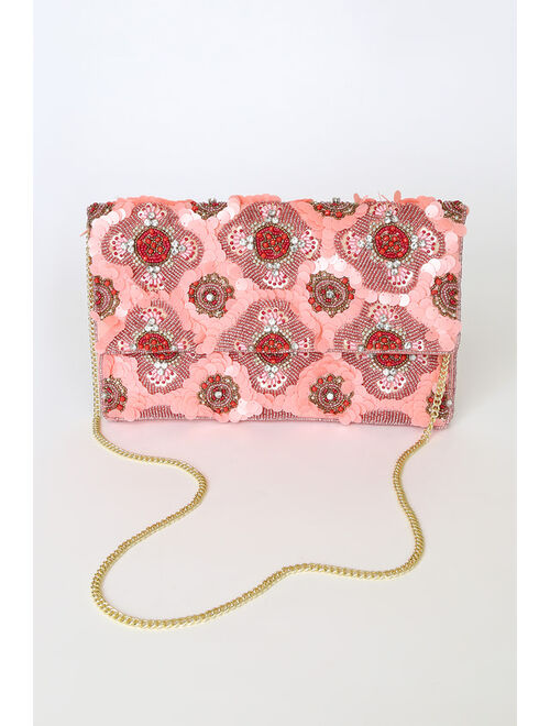 Lulus Party Princess Pink and Red Sequin Beaded Clutch