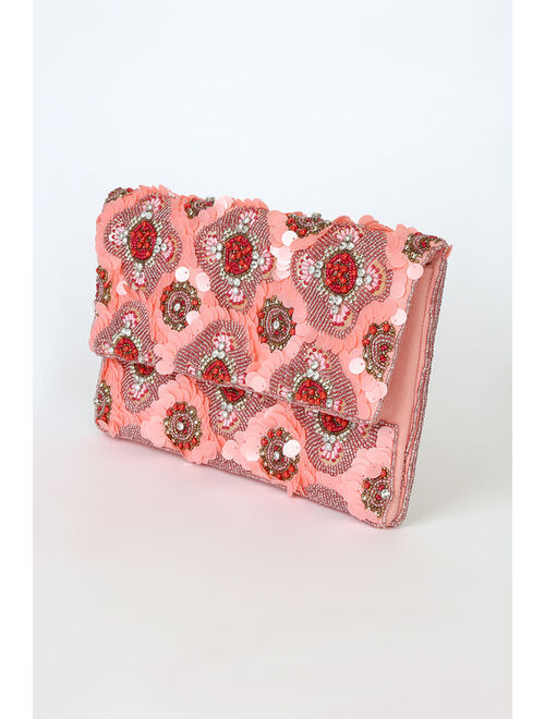 Lulus Party Princess Pink and Red Sequin Beaded Clutch