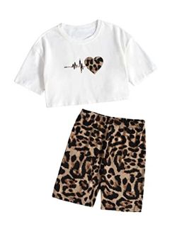 Girl Two Piece Outfits Heart Leopard Short Sleeve Tee and Biker Shorts Set