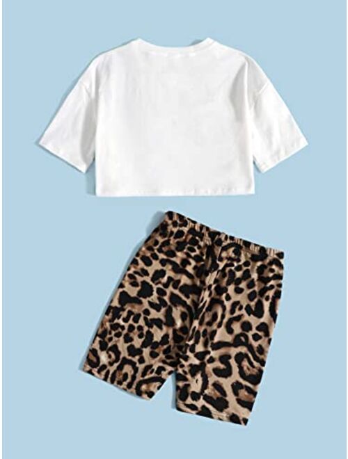 Milumia Girl Two Piece Outfits Heart Leopard Short Sleeve Tee and Biker Shorts Set