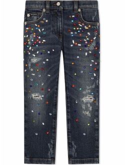 Kids bead-embellished distressed jeans