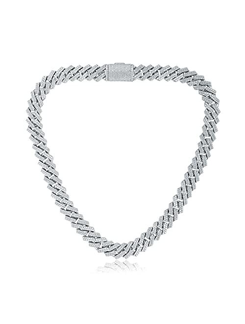 GEMSME Full Iced Out Cubic Zirconia Cuban Link Chain Hip Hop 18K White Gold Plated Miami Cuban Link Chain Necklace for Men Women