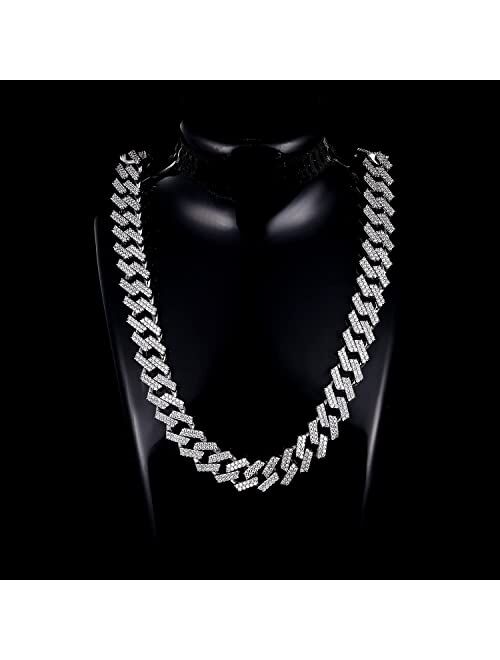 GEMSME Full Iced Out Cubic Zirconia Cuban Link Chain Hip Hop 18K White Gold Plated Miami Cuban Link Chain Necklace for Men Women