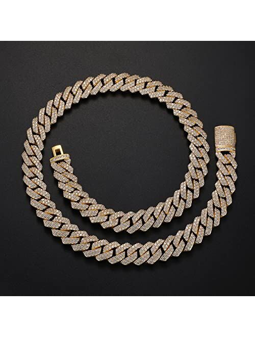 OLVLUS 14mm Iced Out Cuban Link Chain 14K White Gold Plated Diamond Chain Necklace Bling 5A+ Cubic Zirconia Thick Cuban Link Choker Chain Luxury Hip Hop Jewelry for Men a