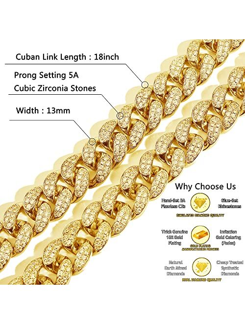 LAFION Gold Silver Plated Iced Out Bling Rehinstone Cuban Link Chain 13MM Miami Necklace Dimond Necklace for Men Women With Gif Box