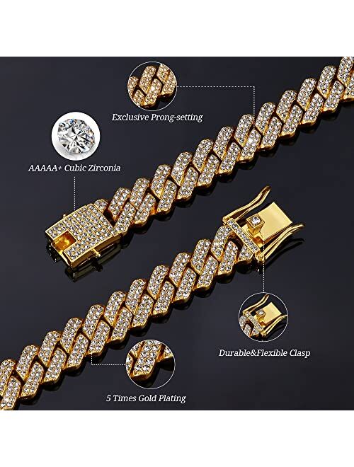 KRFY Cuban Link Chain for Men Women Miami Cuban Link Chain Necklace Diamond Prong Cuban Iced Out Chain 18/20/22/24inch Bling Hip Hop Jewelry with Gift Box