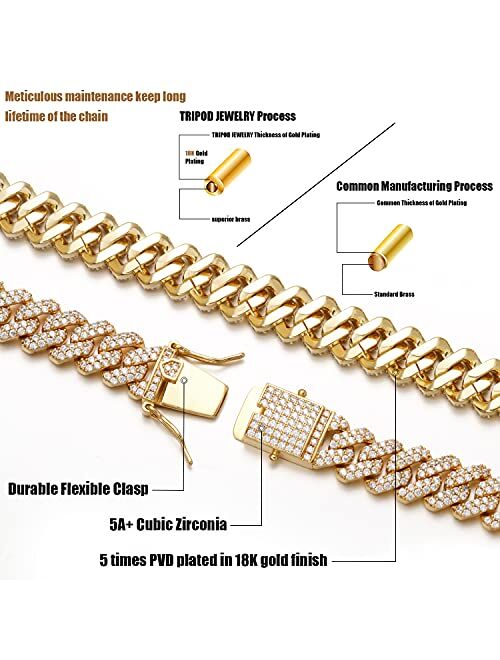 TRIPOD JEWELRY 12mm Real 18K or White Gold Plated Diamond Iced Out Cuban Link Chain or Bracelet Hip Hop Miami Necklace Prong-Setting Choker for Men Women