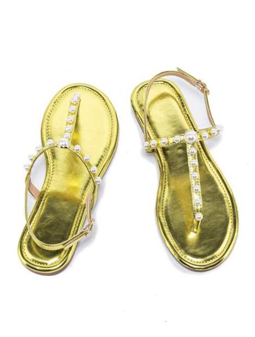 Shein Metallic Faux Pearl Decor Thong Sandals